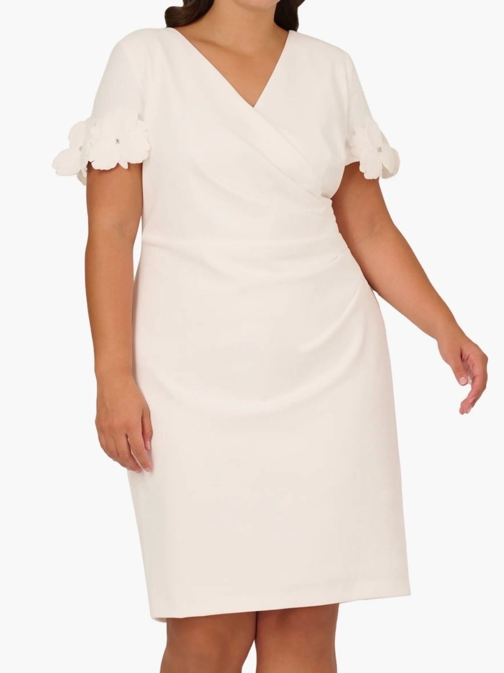 Adrianna Papell Cream V-Neck Midi Dress with Floral Sleeve Detail